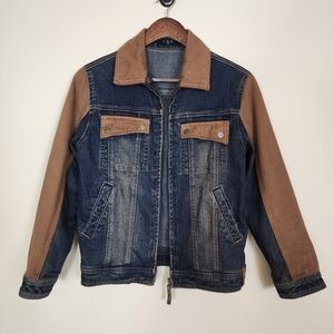 Zip Up Denim Jacket Size Small Western Trucker Faux Suede Vintage Y2K